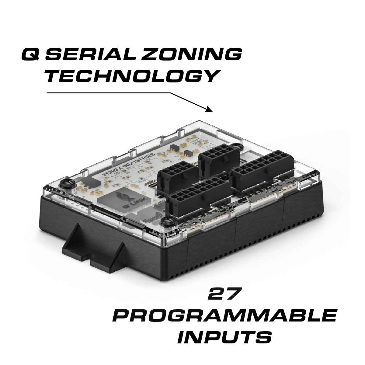 Electronic module with Q Serial Zoning Technology and 27 Programmable Inputs on a white background