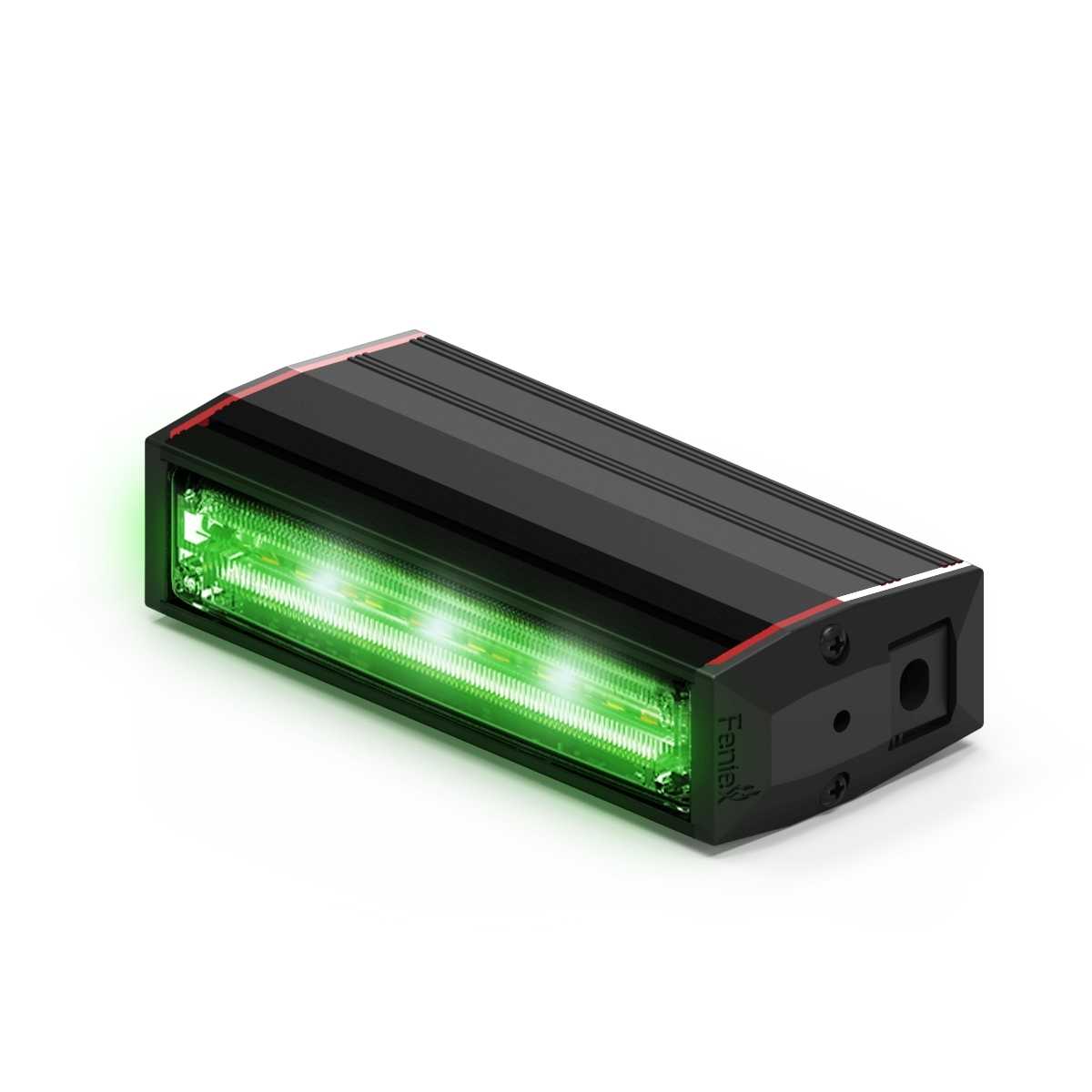 Black rectangular Feniex Q Serial 100 Stick light with green LED strip on a white background