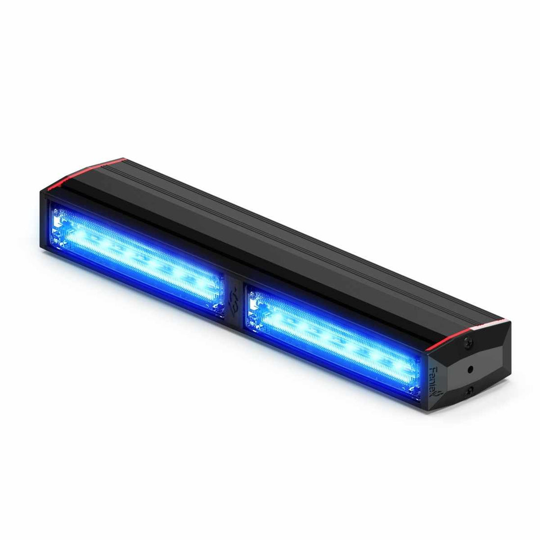 Long rectangular Feniex Q Serial 200 Stick with blue lights on a white background