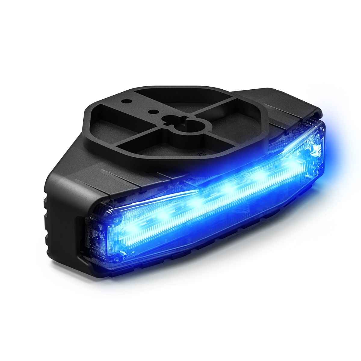 Black and blue Feniex Q Serial Under Mirror on a white background