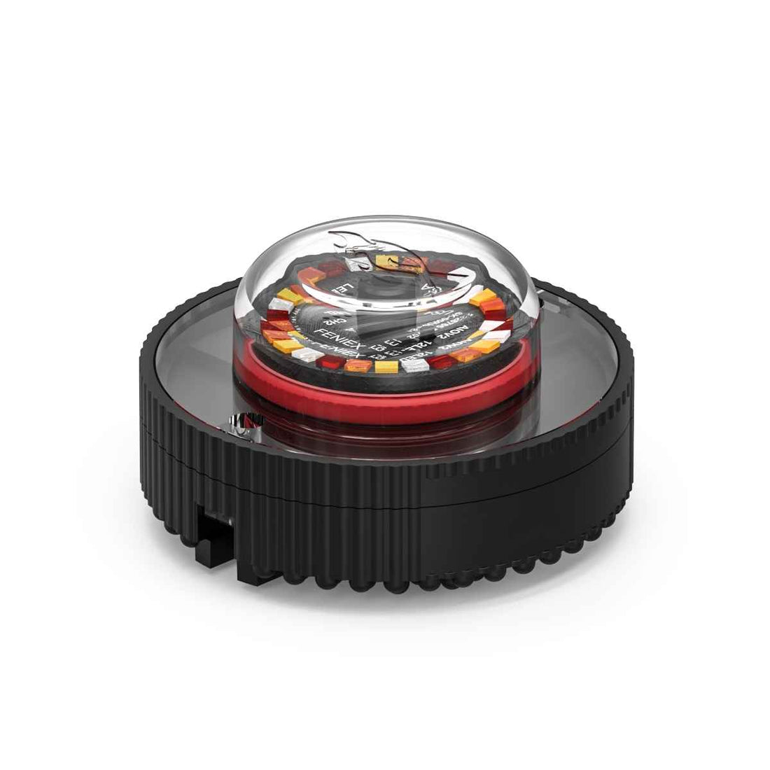 A Feniex Quad Cannon emergency warning light with a black housing and a clear dome displaying the multicolor settings.