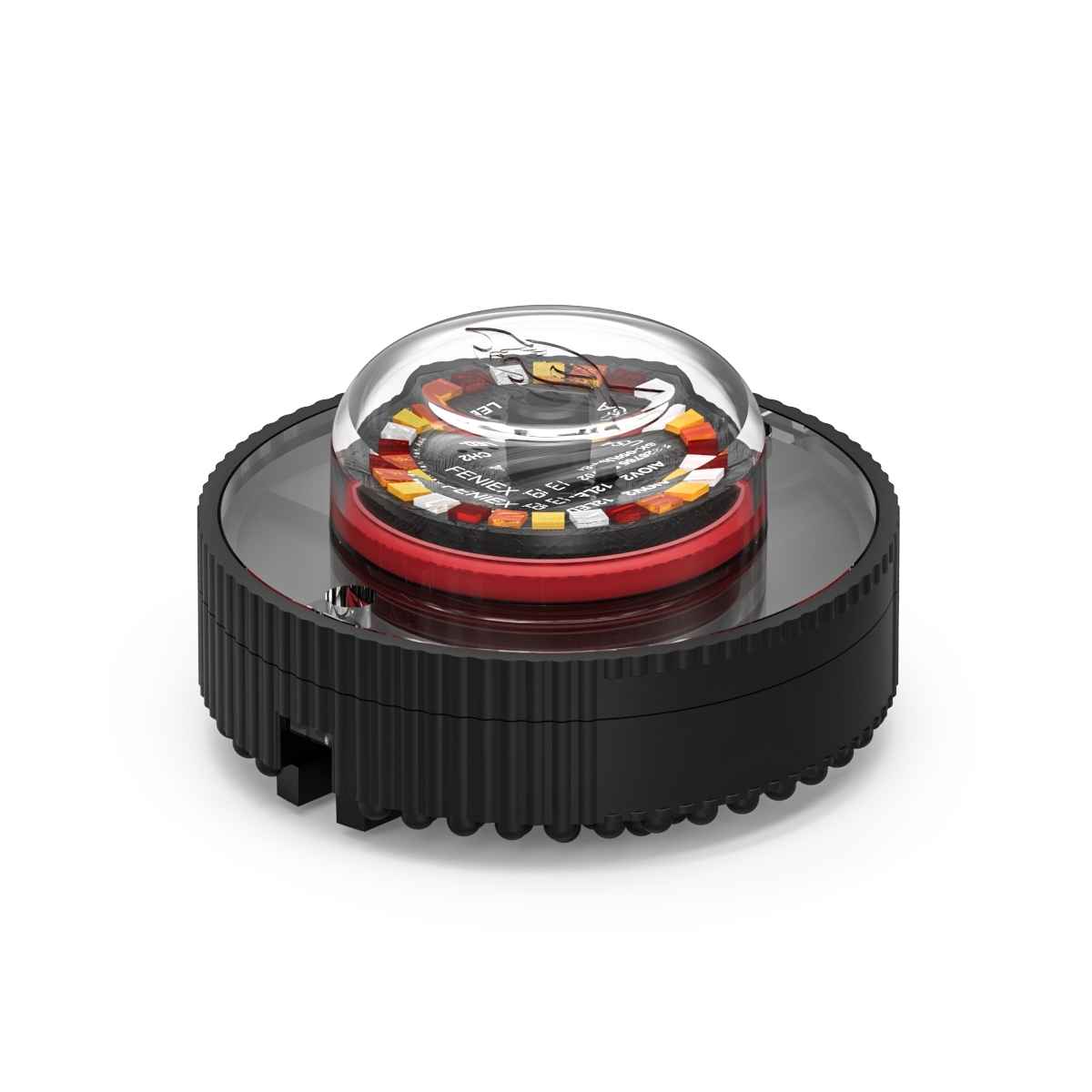 A Feniex Quad Cannon emergency warning light with a black housing and a clear dome displaying the multicolor settings.