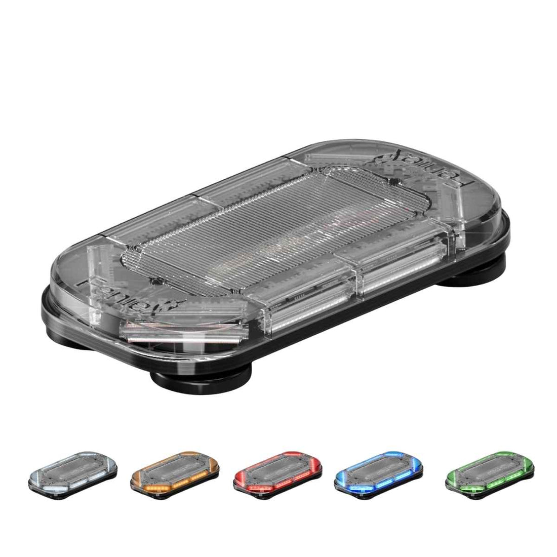Clear Feniex Quantum® 2.0 18" Mini rectangular lightbar with five color variants on a white background