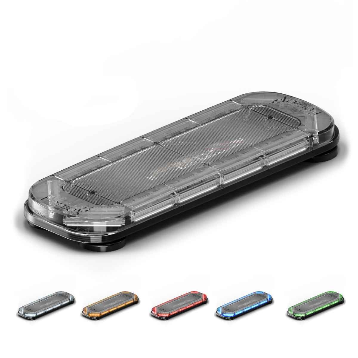 Feniex Quantum® 2.0 27" Mini LED light bar with clear cover and five color variants on a white background