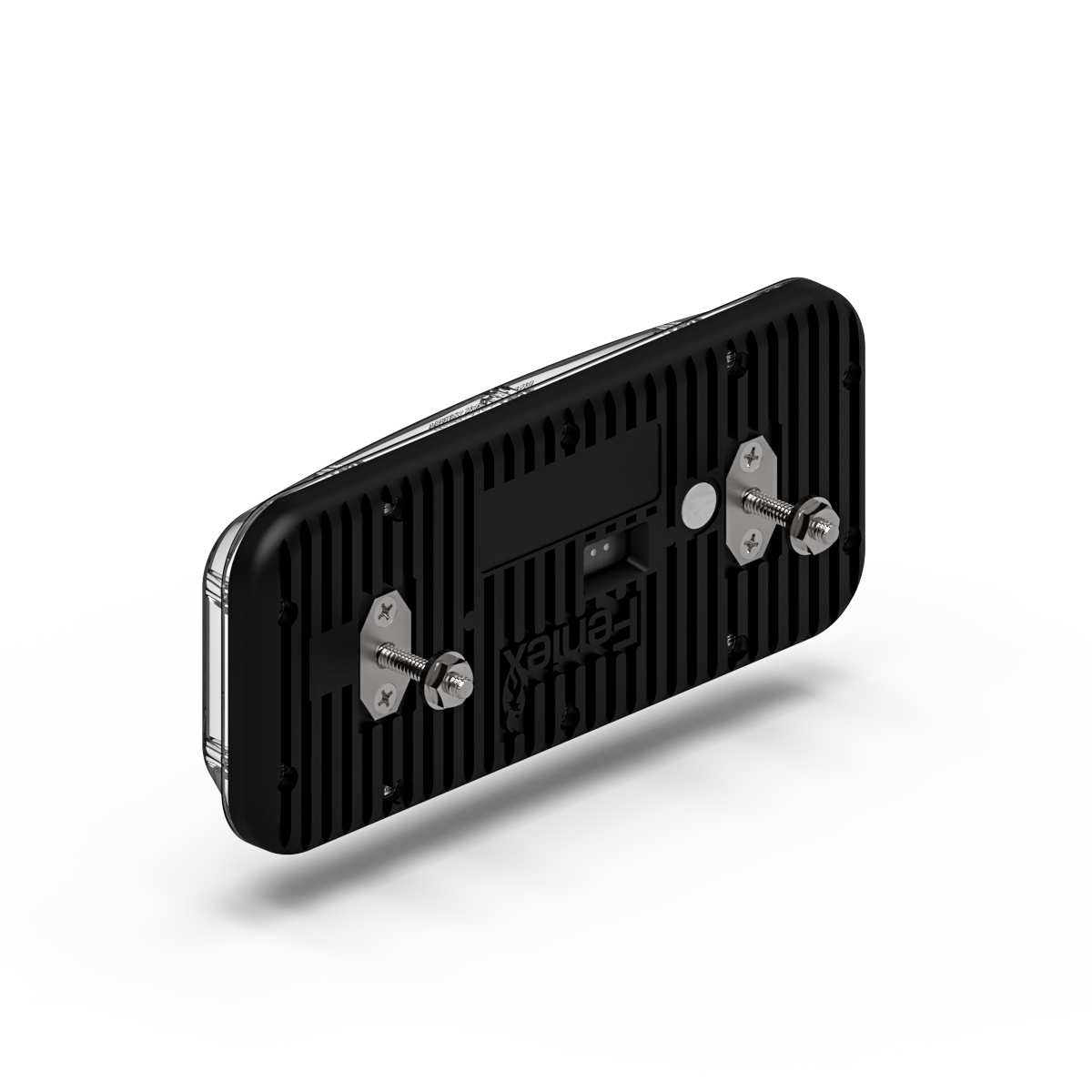 Black metal Feniex Reverse Lux 6x4 bracket with screws on a white background