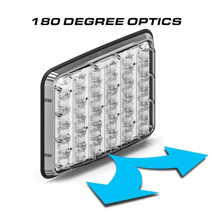 LED Feniex Reverse Lux 9x7 light bar with '180 Degree Optics' text and blue arrows on a white background
