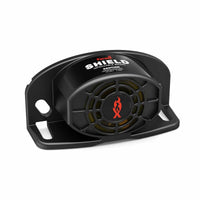 Black Feniex  Shield 14W Back Up Alarm with 'Shield' branding on a white background