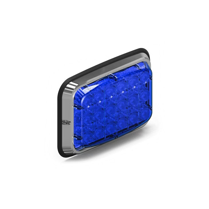 Blue rectangular Feniex Spot Lux 6x4 LED light with chrome frame on a white background