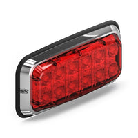 Red rectangular Feniex Spot Lux 7x3 LED light with chrome frame on a white background