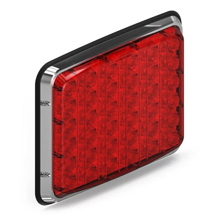 Red rectangular Feniex Spot Lux 9x7 light with chrome frame on a white background
