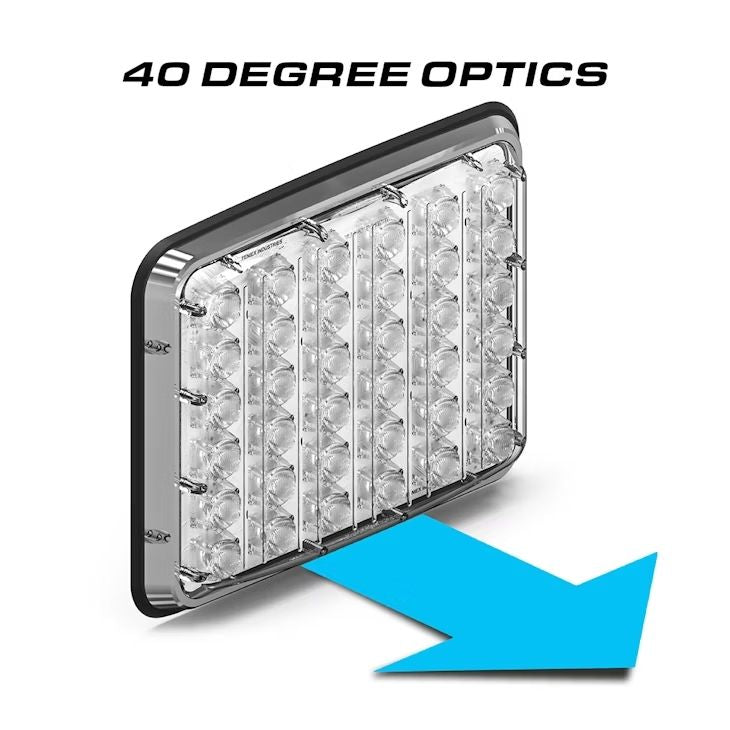 LED light with 40 degree optics and a blue arrow pointing to it on a white background