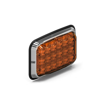 Rectangular amber LED light with chrome frame on a white background