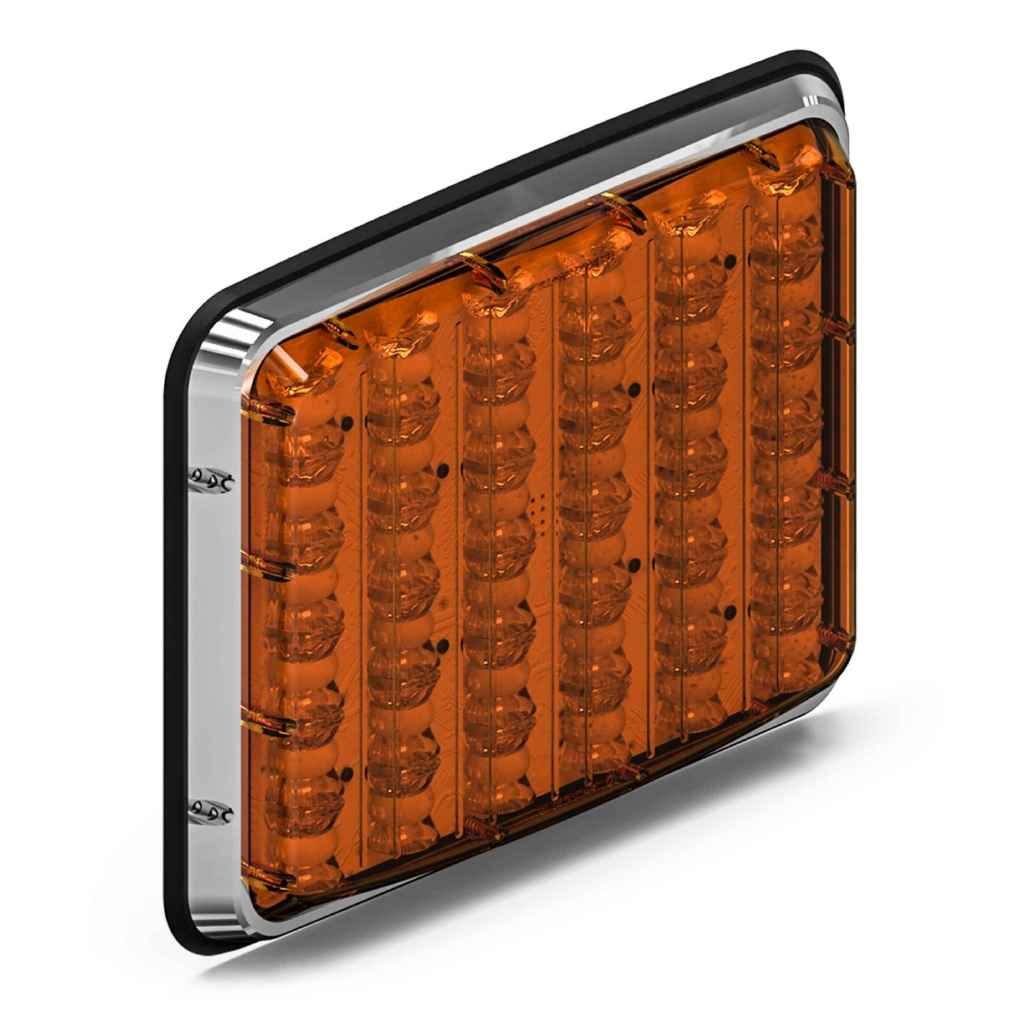 Amber LED light bar with chrome frame on a white background