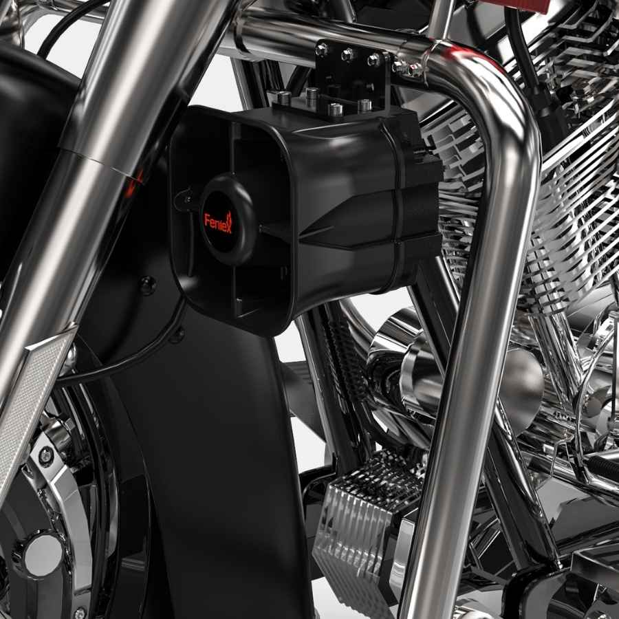 Close-up of a motorcycle engine with a Feniex Titan 30W Speaker/Siren, featuring the brand 'Feniex'.