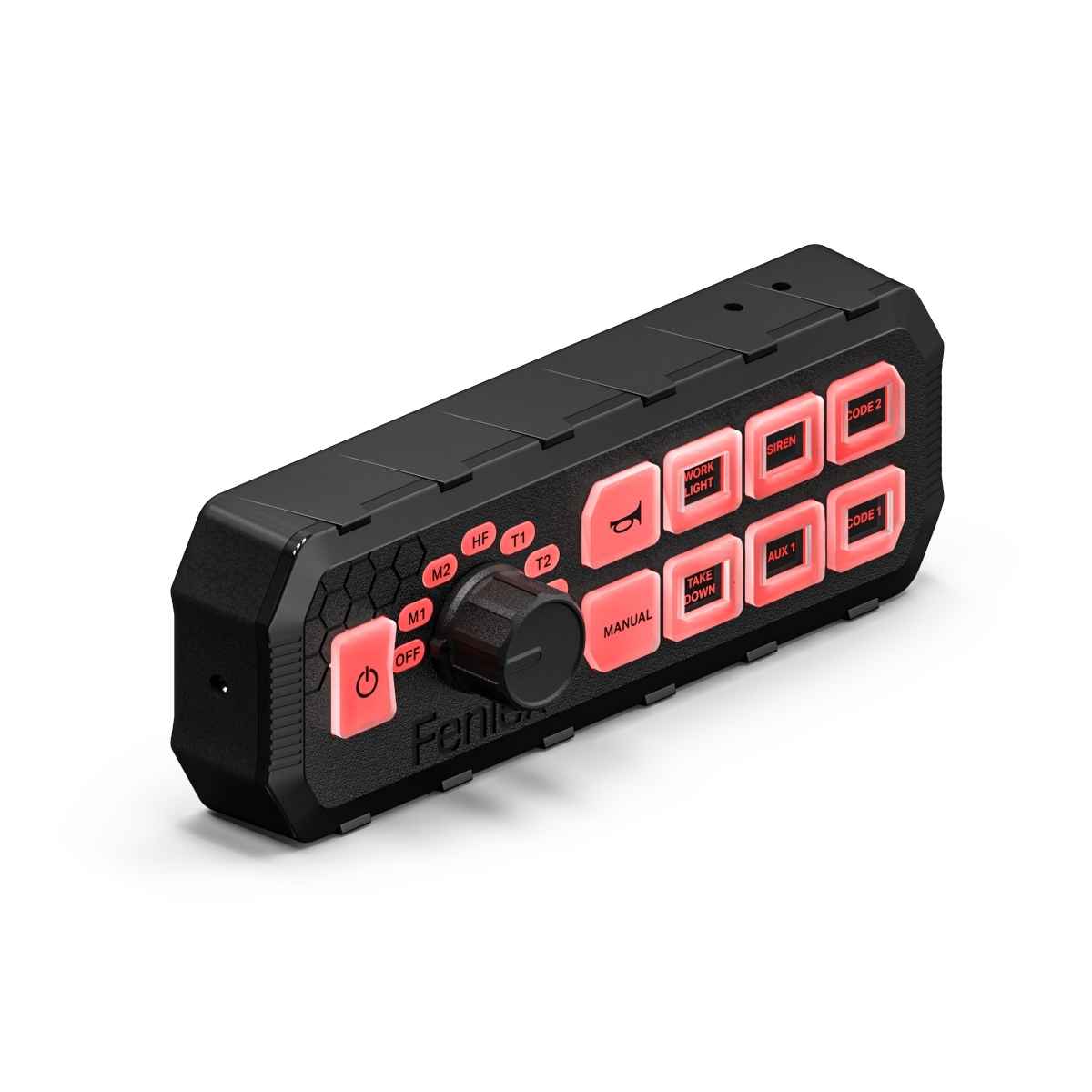 Feniex Typhoon Full-Function Siren Black and red control panel with buttons and a knob on a white background
