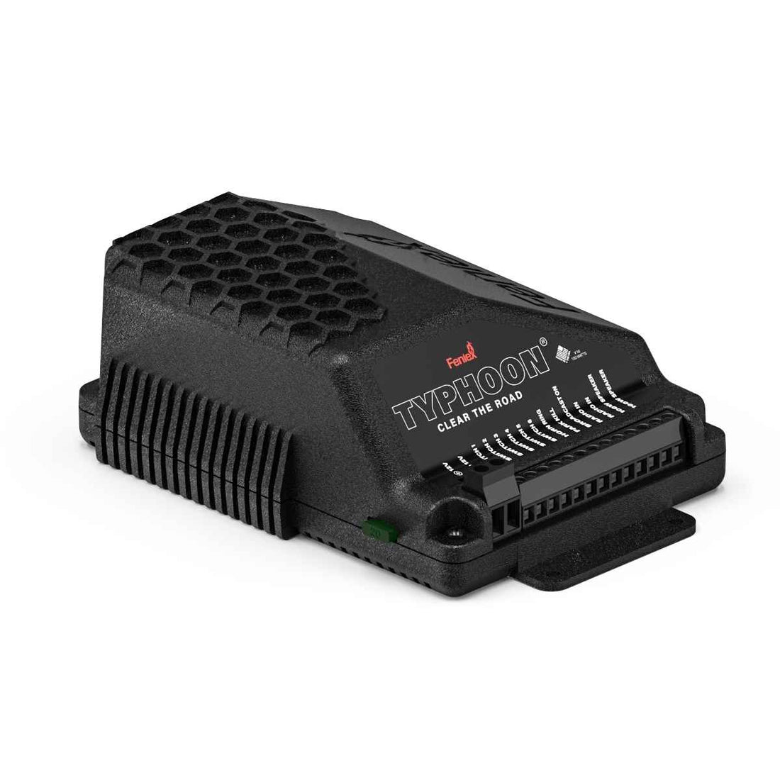 Black Feniex Typhoon Handheld Siren with Feniex 'Typhoon' branding on a white background