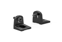 Two black metal brackets on a white background