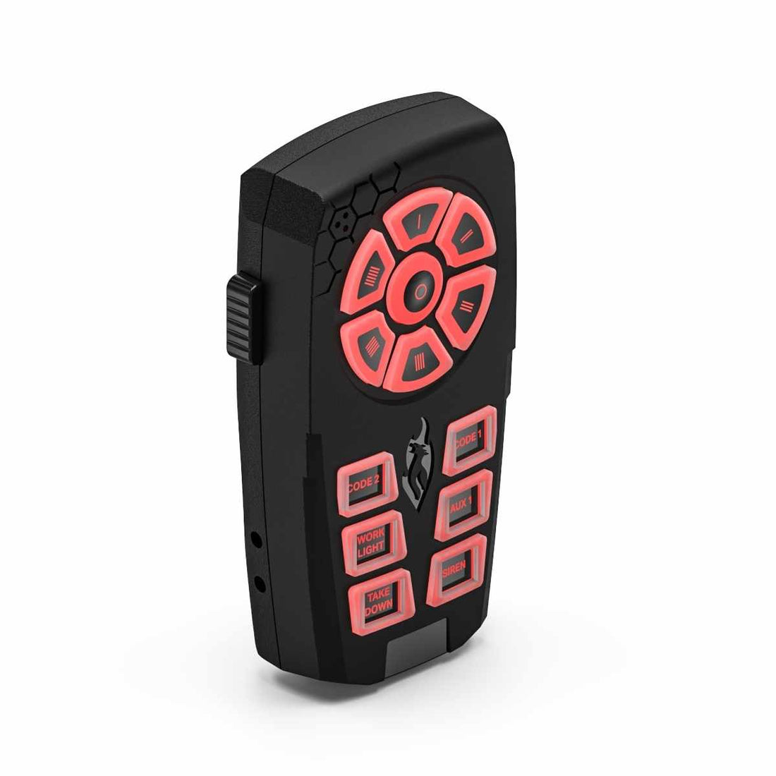 Black and red electronic device with button layout on a white background