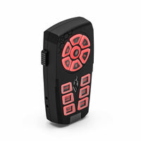 Black and red electronic device with button layout on a white background