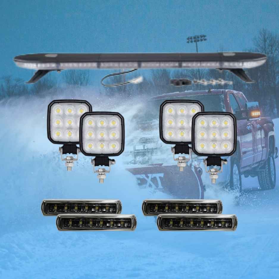 Set of off-road lights on a snowy background with a truck.