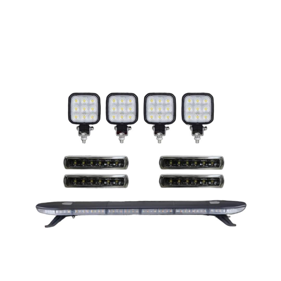 Set of LED lights including square and bar types on a white background