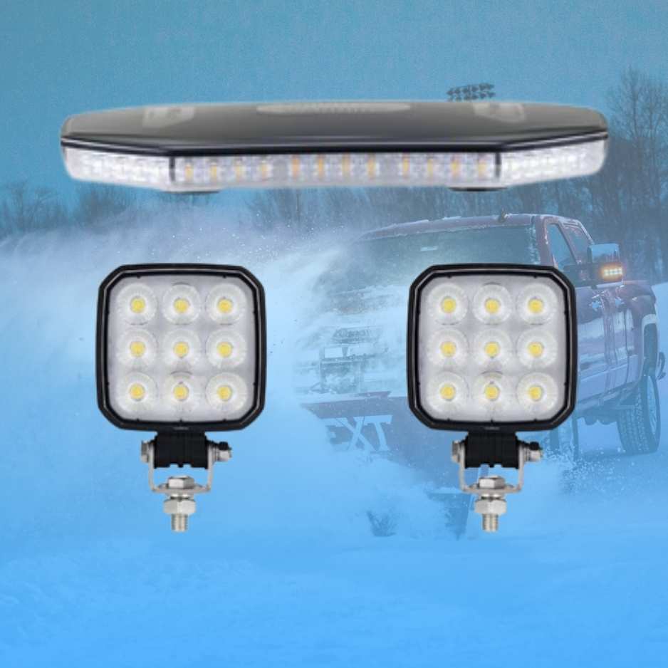Two square LED work lights and a round light bar on a snowy background with a truck.