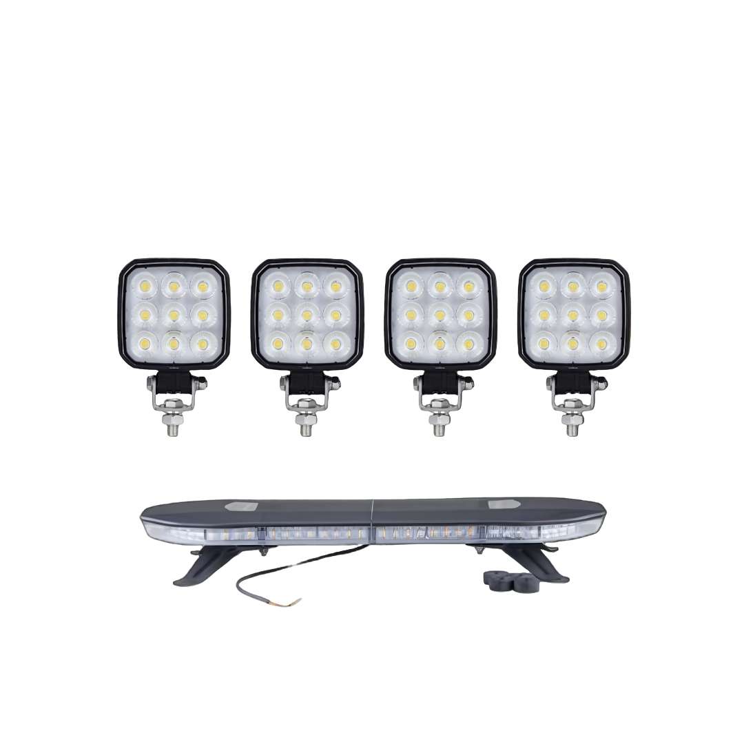 Set of four LED work lights on a white background