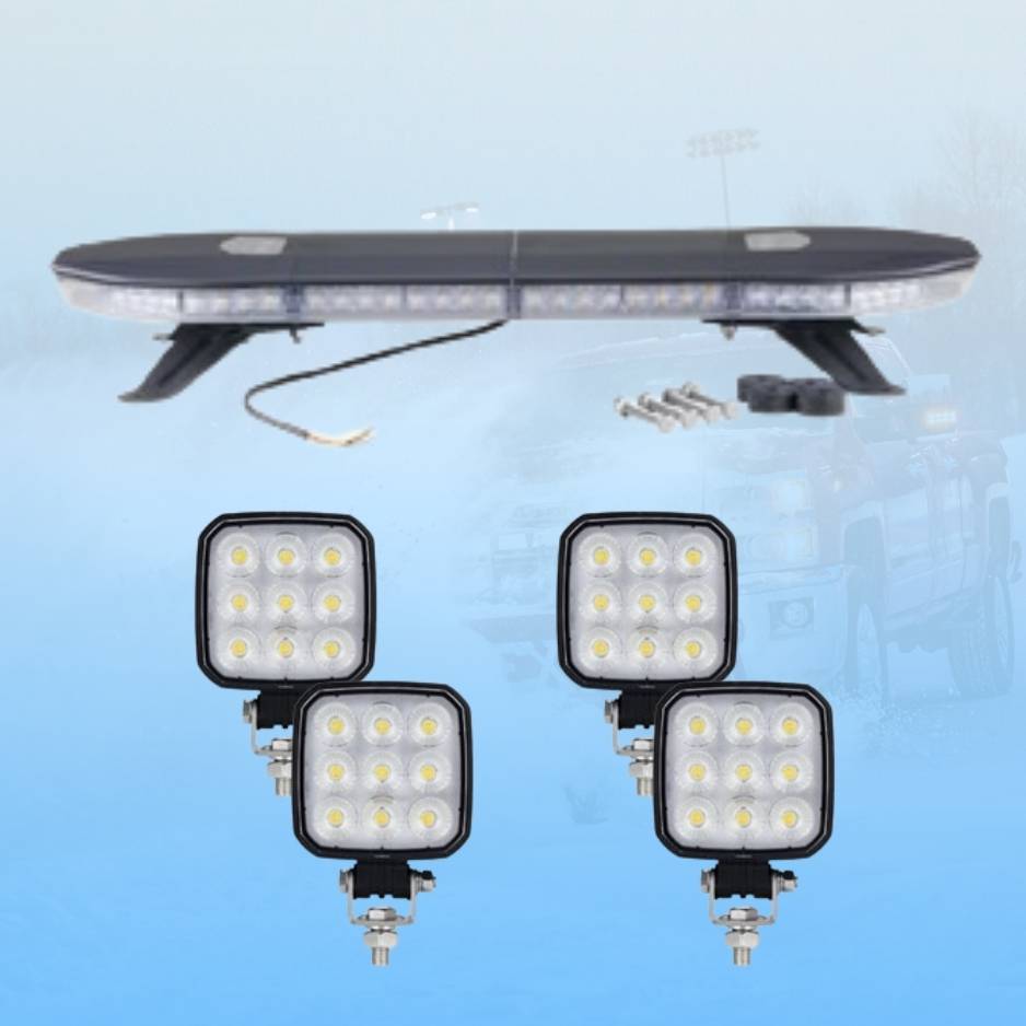Set of vehicle lights including a light bar and three fog lights on a blue background