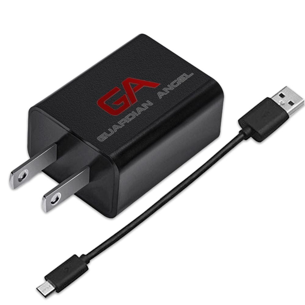 Black charging adapter with USB cable and micro USB connector on a white background, featuring the Guardian Angel logo.
