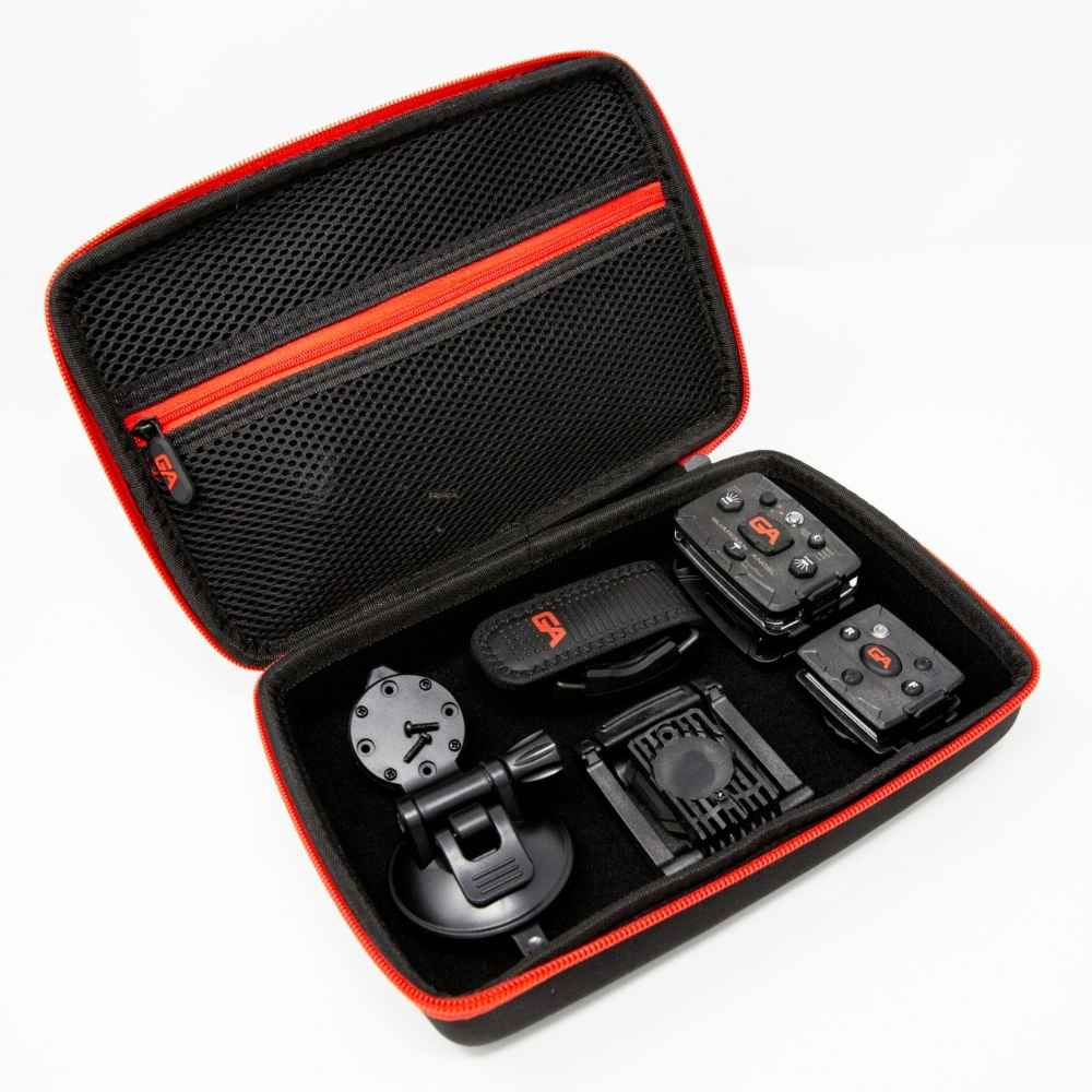 Black and red carrying case with Safety Lights and mount on a white background