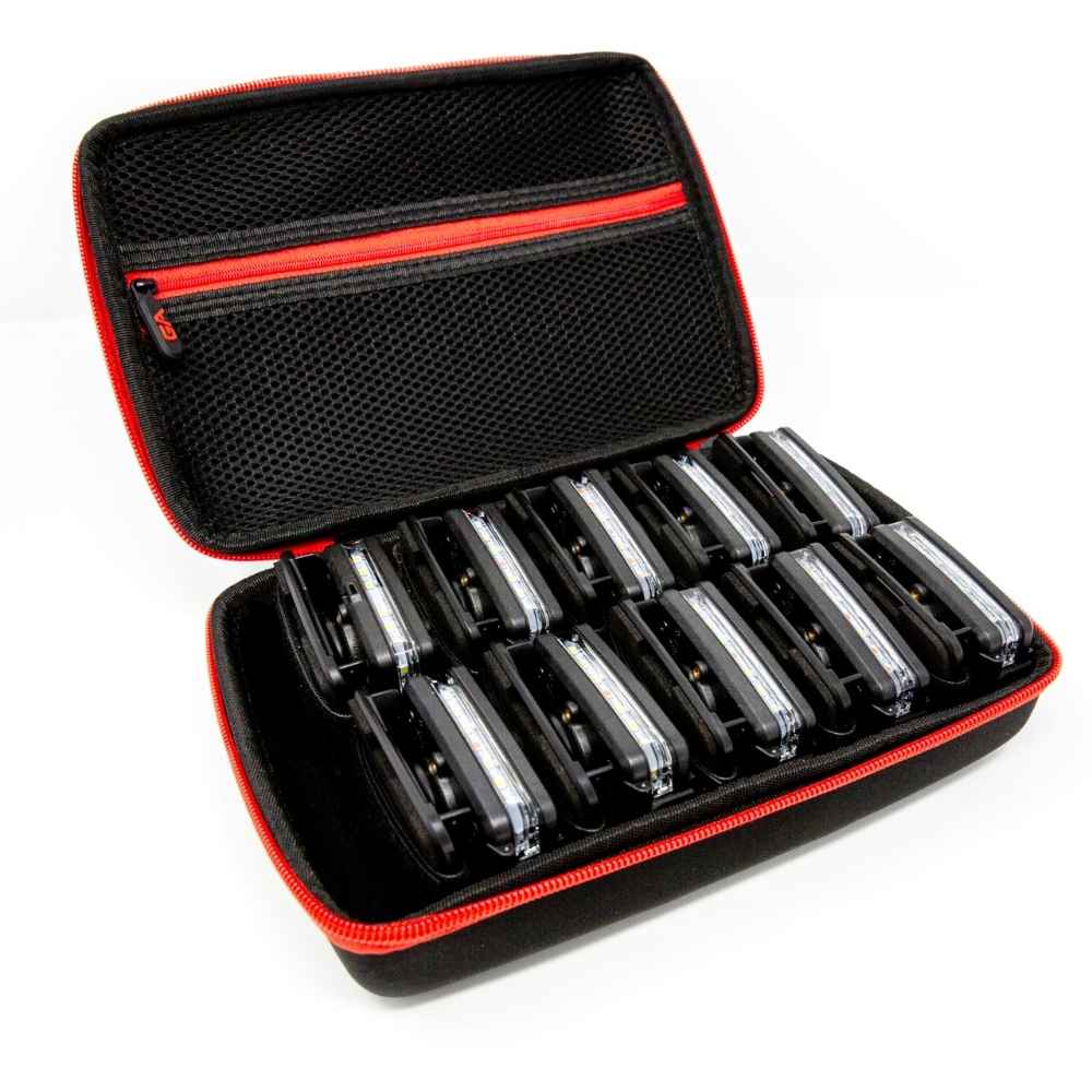 Black and red carrying case with multiple Wearable Safety Lights inside on a white background