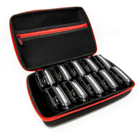 Black and red carrying case with multiple Wearable Safety Lights inside on a white background