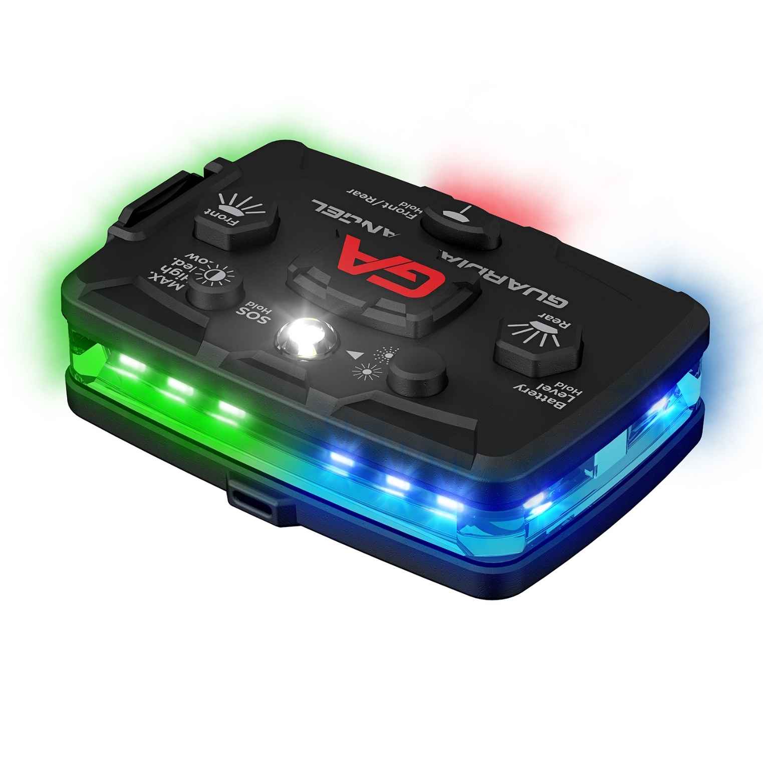 Guardian Angel Green / Blue electronic device with colorful LED lights on a white background