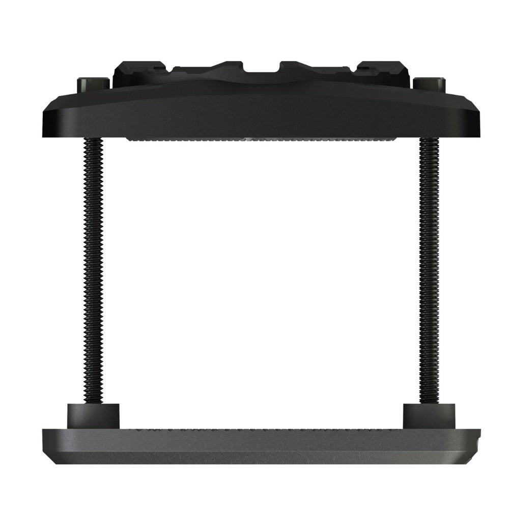 Black metal stand with adjustable legs on a white background