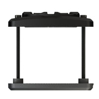 Black metal stand with adjustable legs on a white background
