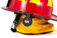 Red and yellow hard hat with a black Guardian Angel Magnetic Fire Helmet Brim Attachment and GA logo on a white background