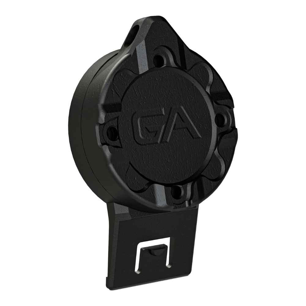 A black Guardian Angel magnetic hard hat earmuff mount with a neodymium rare-earth magnet and a rubber grip insert.