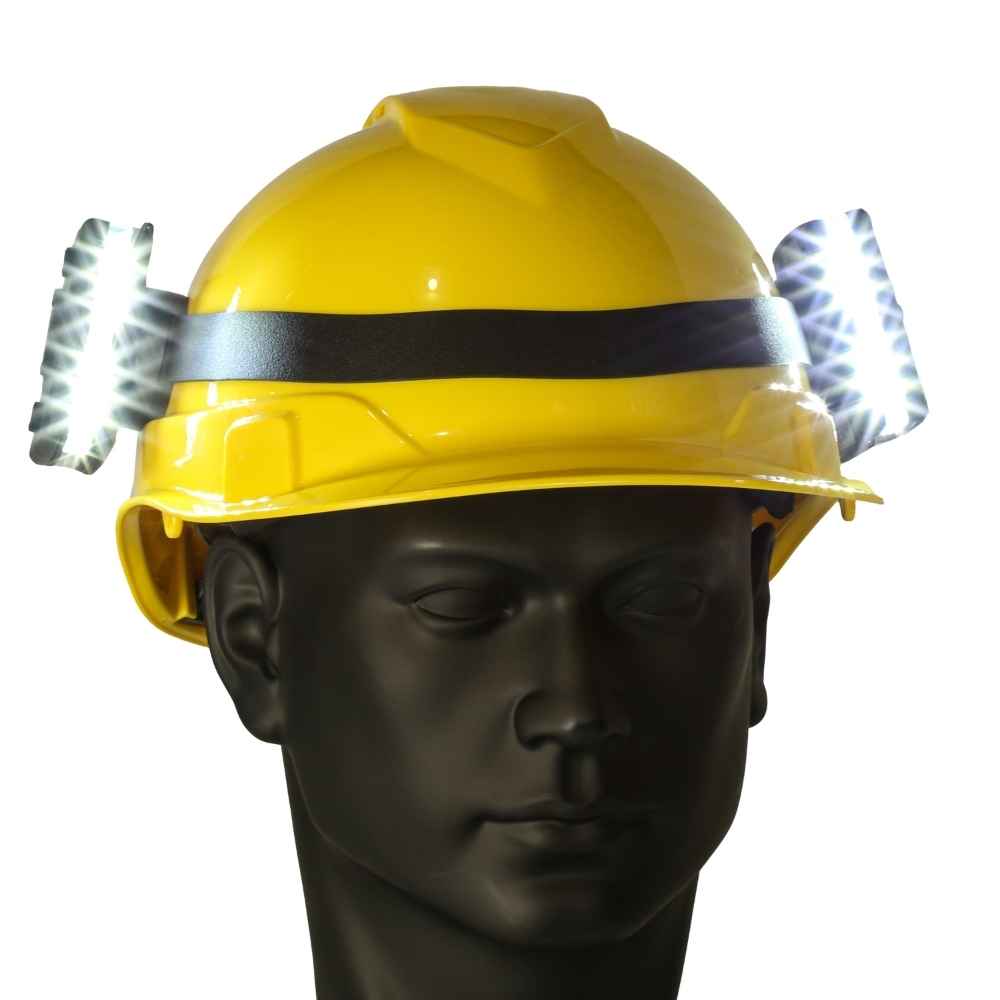 Guardian Angel Magnetic Hard Hat Strap Mount with two LEDs light on Yellow hard hat