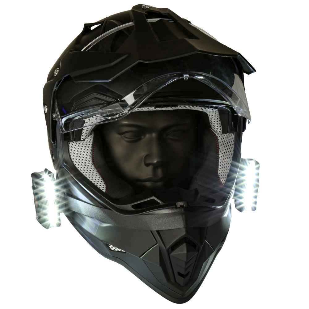 Guardian Angel Magnetic Hard Hat Strap Mount featured black helmet and two LEDs