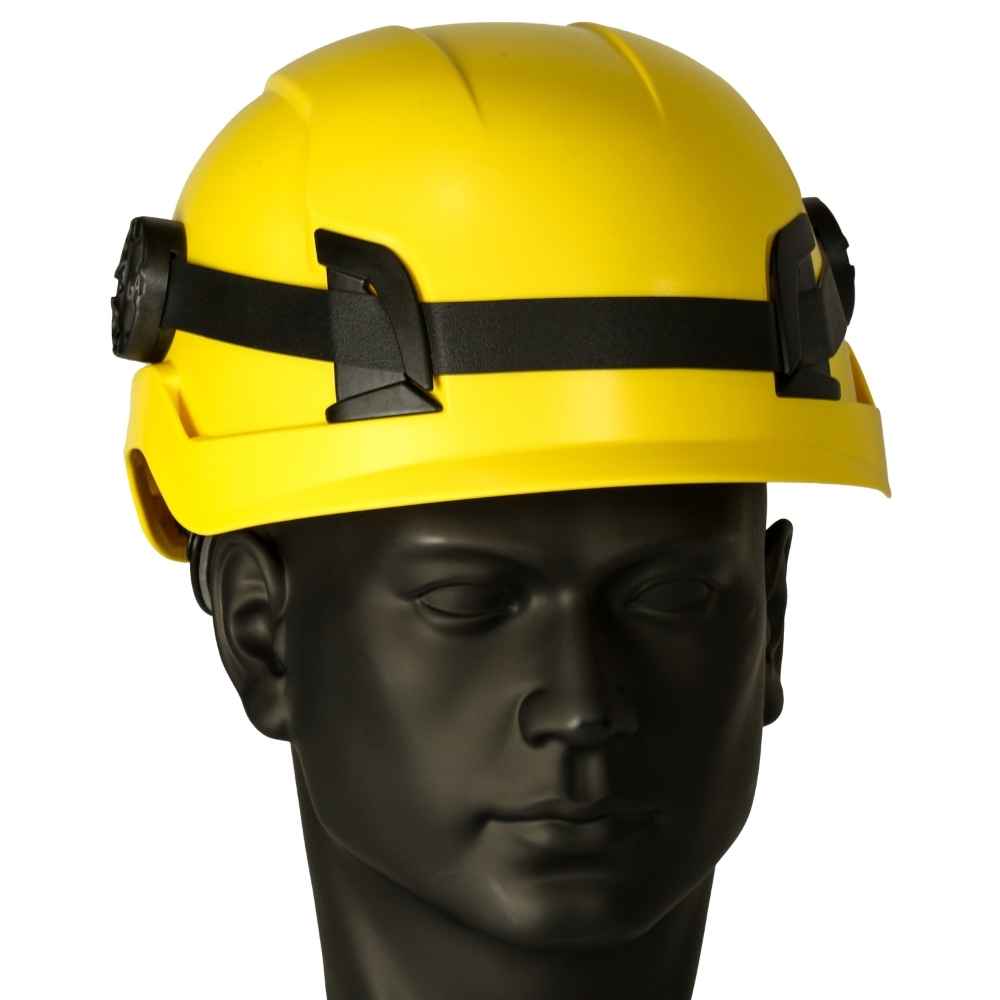 Guardian Angel Magnetic Hard Hat Strap Mount over a Yellow color hard hat