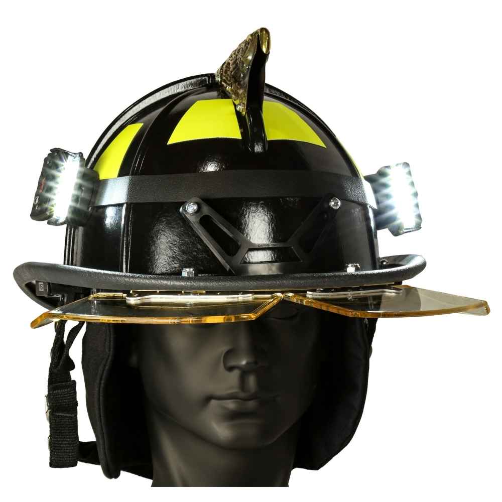 Guardian Angel Magnetic Hard Hat Strap Mount Featured Black hard hat with Two LEDs