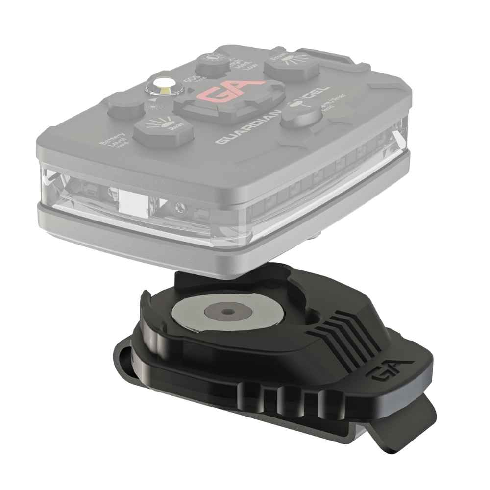 A black Guardian Angel Universal Magnetic Clip Mount with a built-in neodymium rare-earth magnet, designed to securely attach