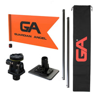 Guardian Angel flagpole system with orange flag, black stands, and carrying bag on a white background