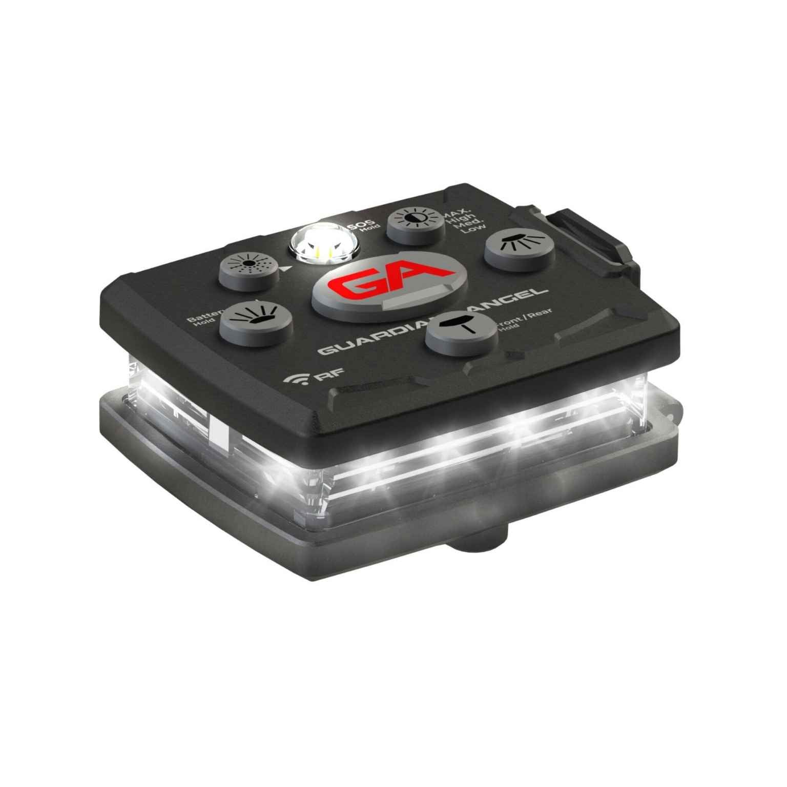 Black GA electronic device with LED lights on a white background