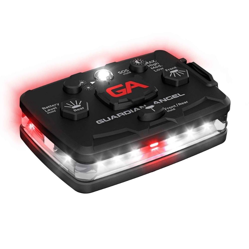 Guardian Angel White/Red Wearable Safety Light with red and white lights on a white background, featuring the brand 'GA'.