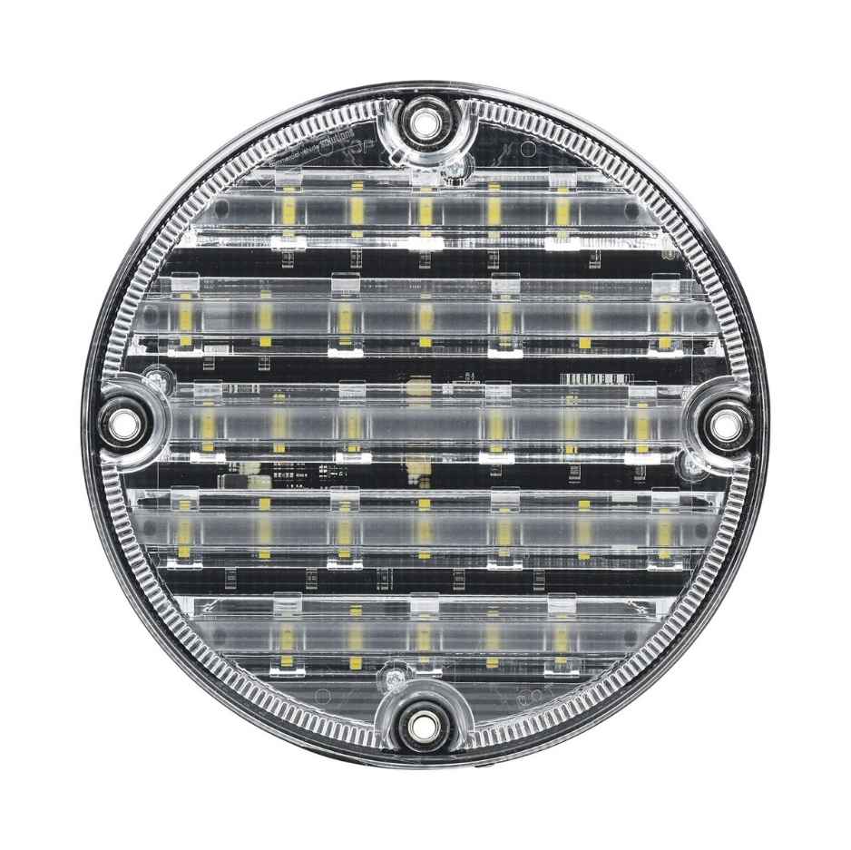 Round LED light with clear cover and black frame on a white background