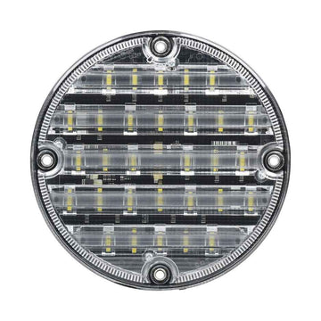 Round LED light with clear cover and black frame on a white background