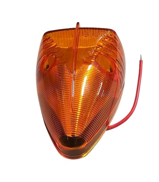 Amber-colored turn signal light with a red wire on a white background