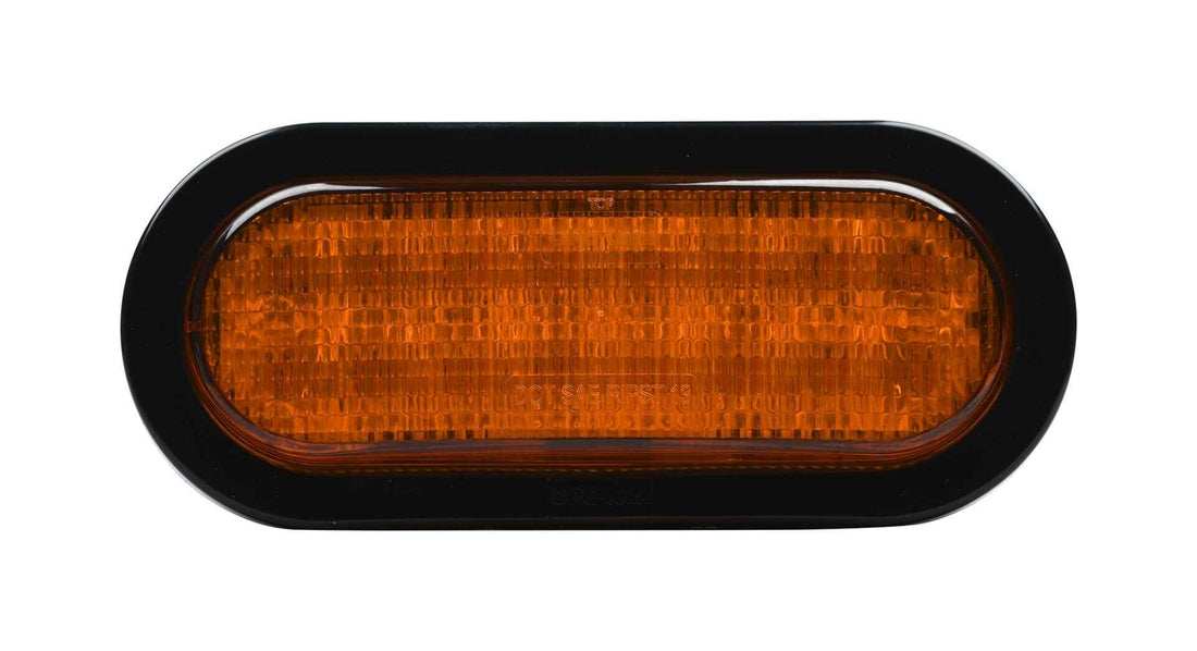 Oval orange Opti-luxx 6" Oval Amber Turn with black frame on a white background