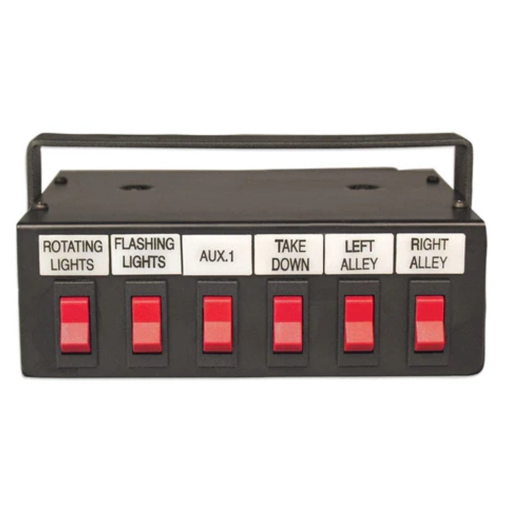 Control panel with red switches labeled for different functions on a white background